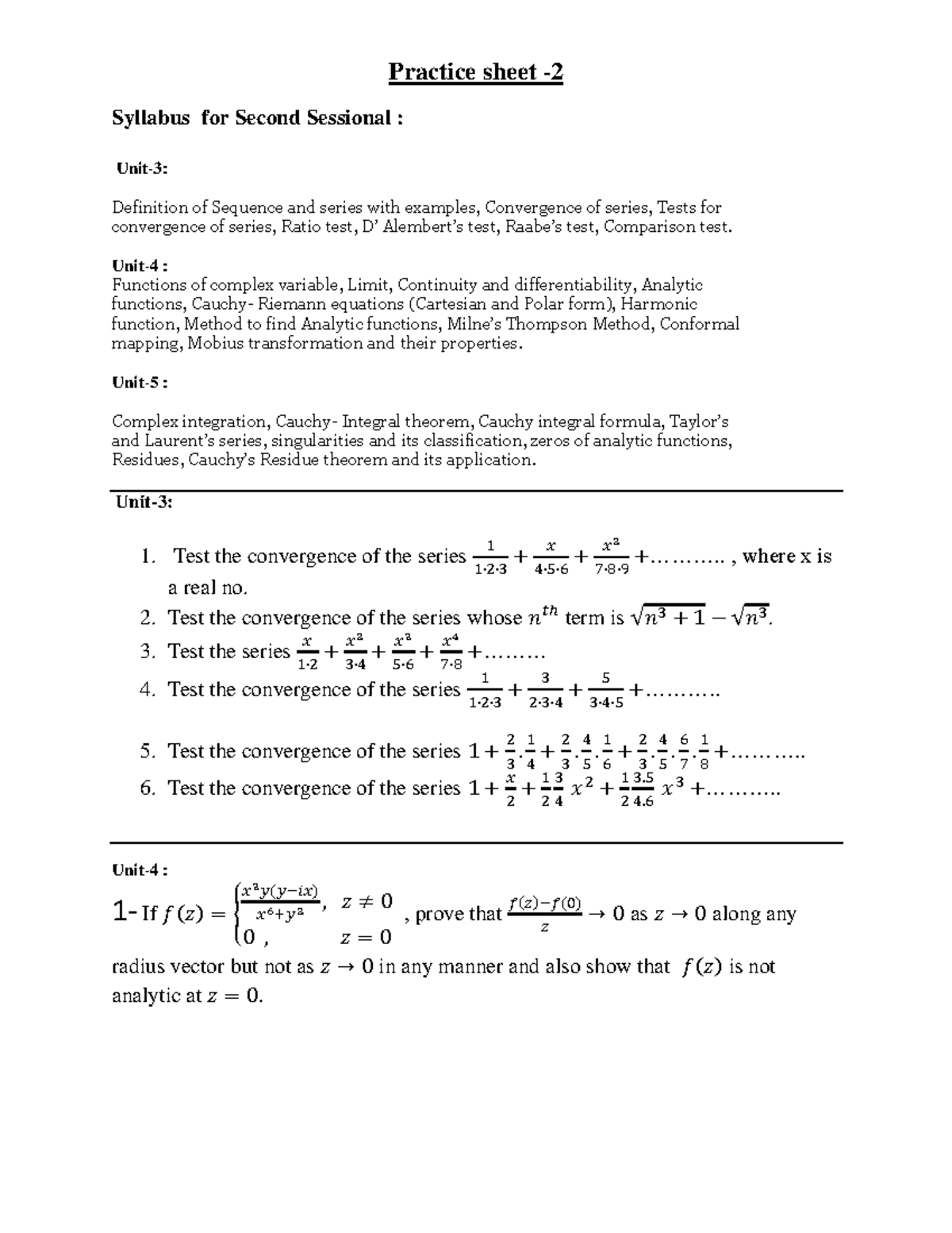 Practice Sheet-2 (Second Sessional): Complex Variables & Series ...