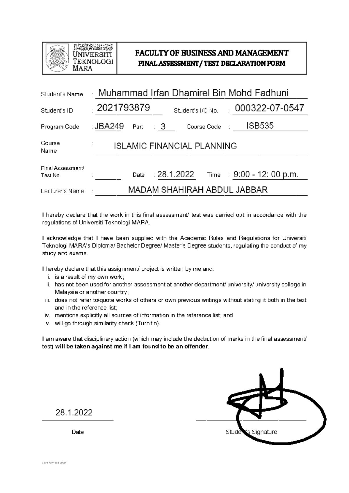 FBM101 Final Assessment/Test Declaration Form - Sep 2020 - Studocu