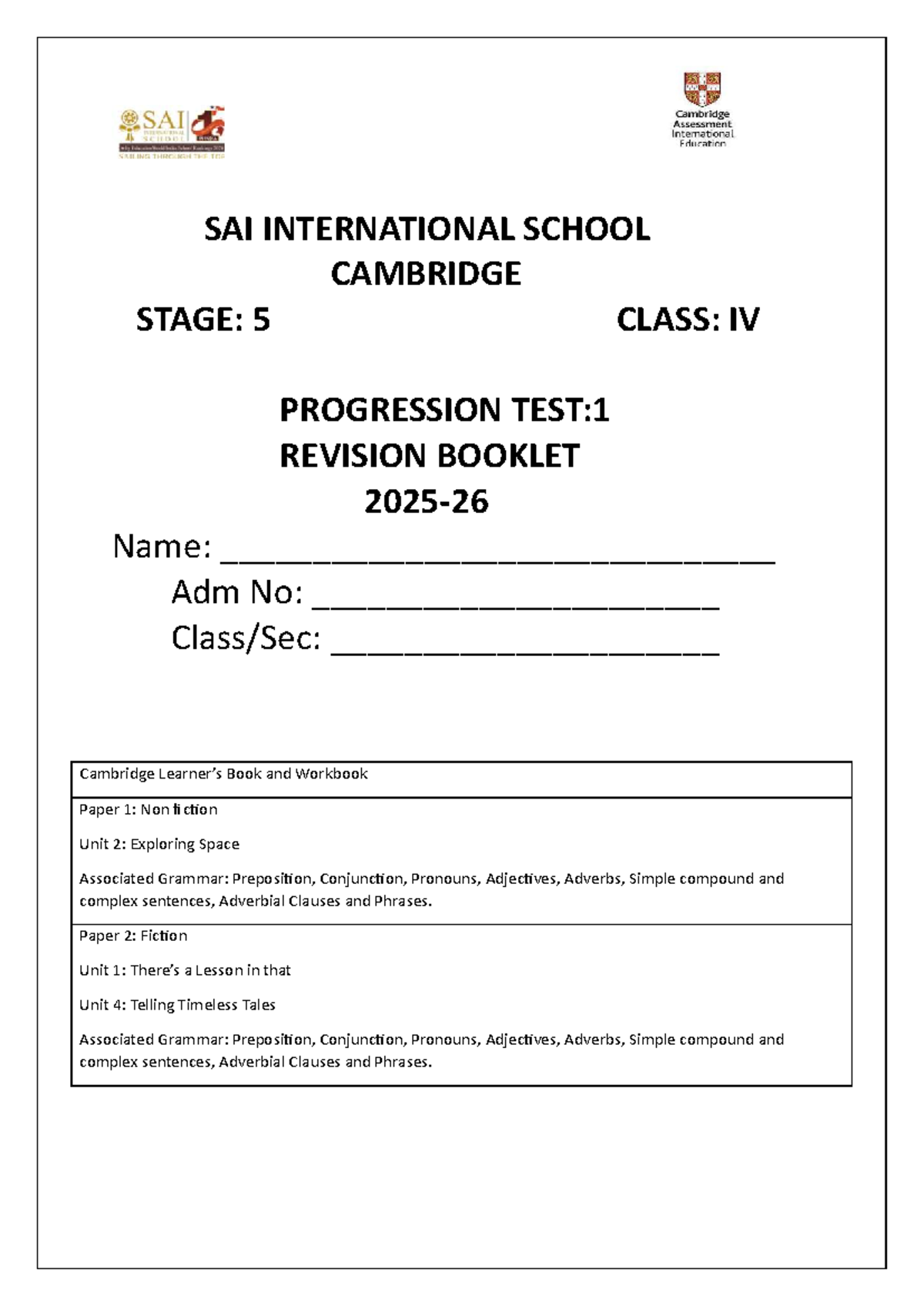 SAI INTERNATIONAL SCHOOL CAMBRIDGE STAGE 5 CLASS IV PROGRESSION TEST 1 ...