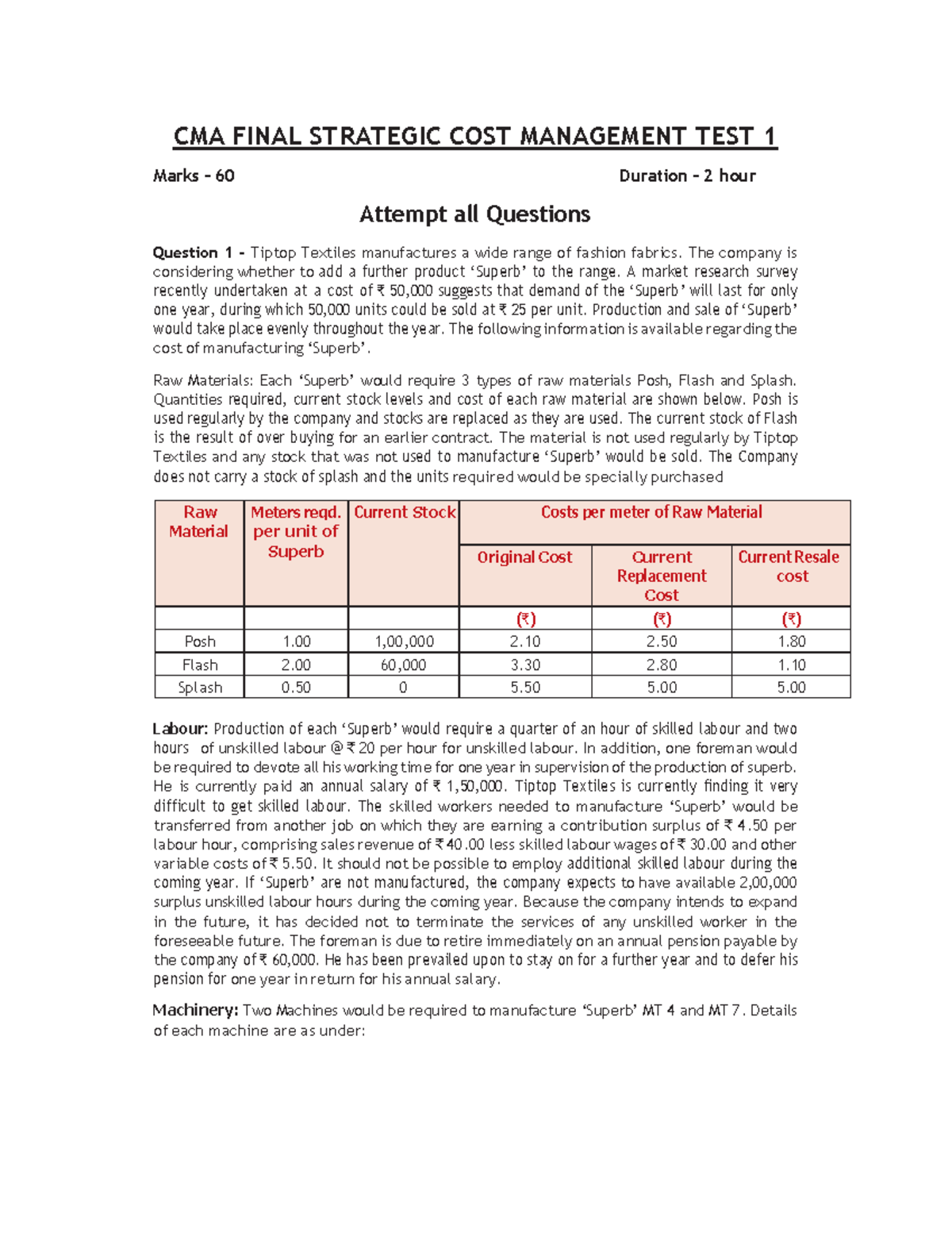 CMA FINAL STRATEGIC COST MANAGEMENT TEST 1 Analysis and Solutions - Studocu