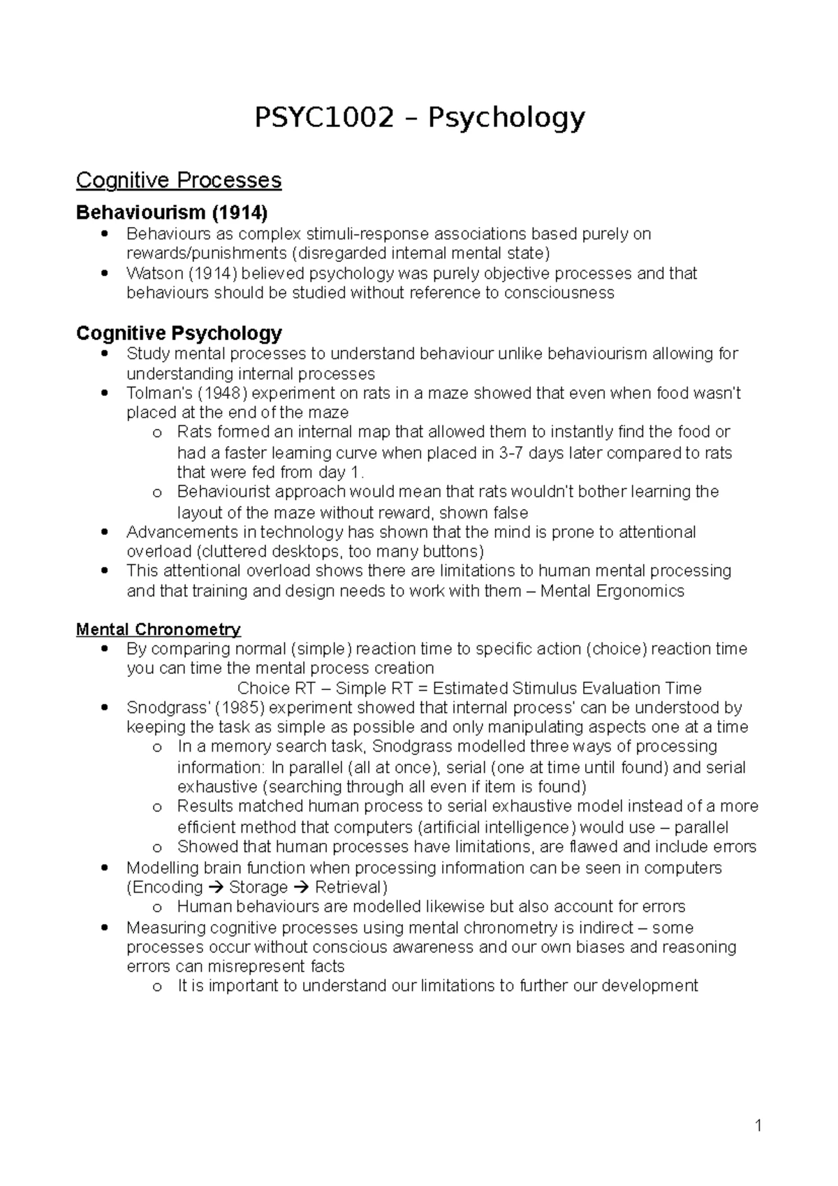 Psyc1002 Cognitive Processes & Mental Health Learning Outcomes Summary ...