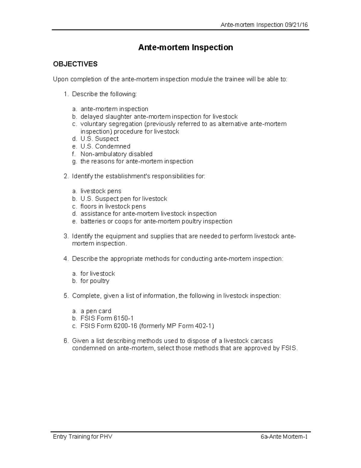 PHVt-Antemortem Inspection - Ante-mortem Inspection OBJECTIVES Upon ...