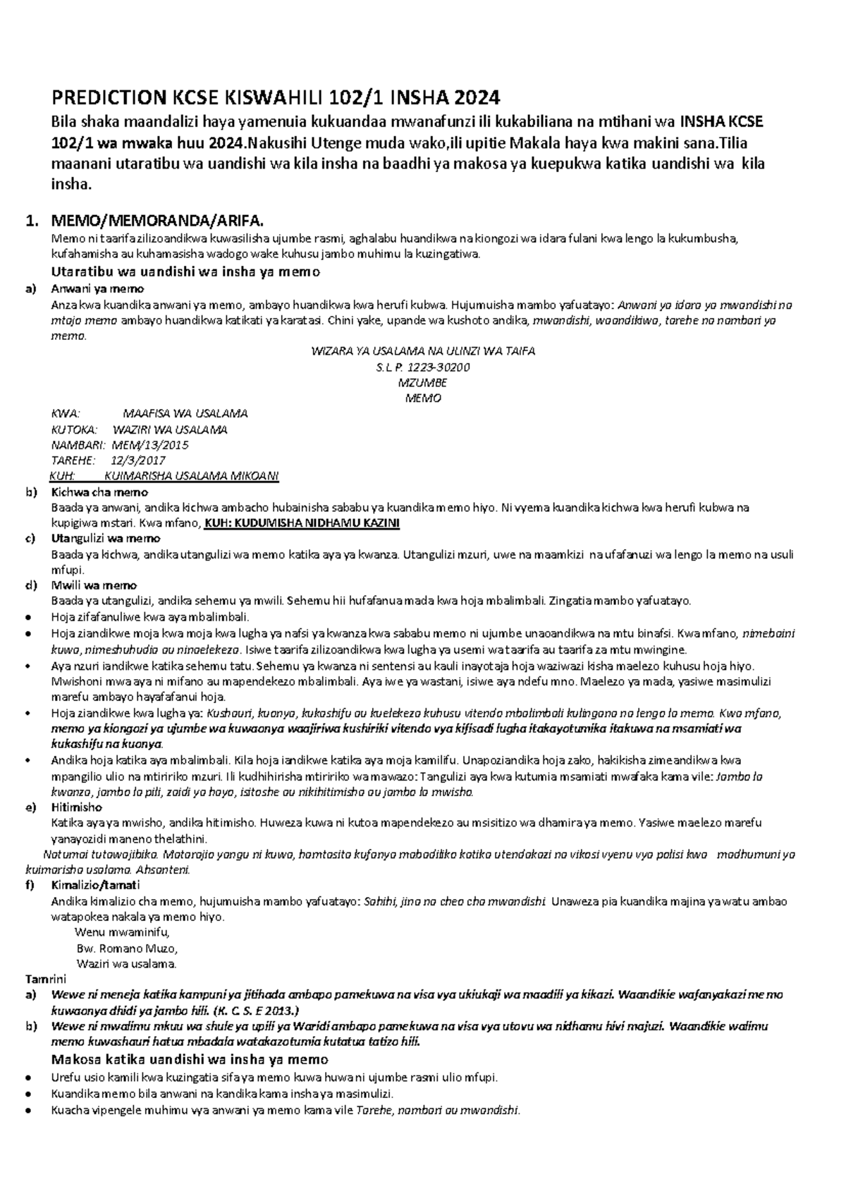 KCSE KISWAHILI 102/1 INSHA 2024: Mwongozo wa Kuandika Memo - Studocu