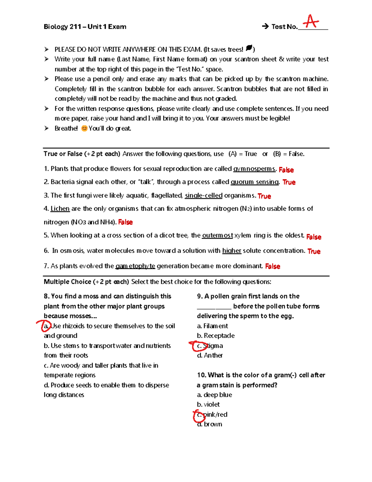 Biology 211 – Unit 1 Exam - Studocu