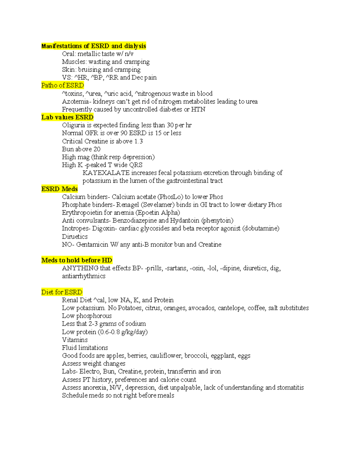 Unit one study guide - Unit one - Manifestations of ESRD and dialysis ...