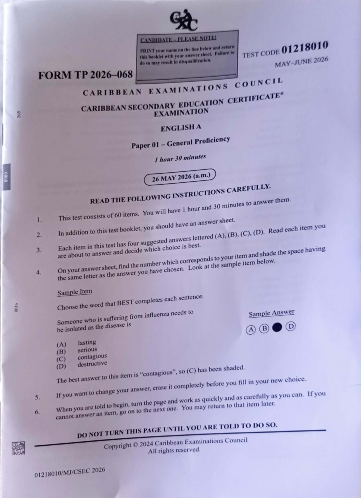 CSEC English A Paper 1 Exam Instructions and Sample Items - May 2026 ...