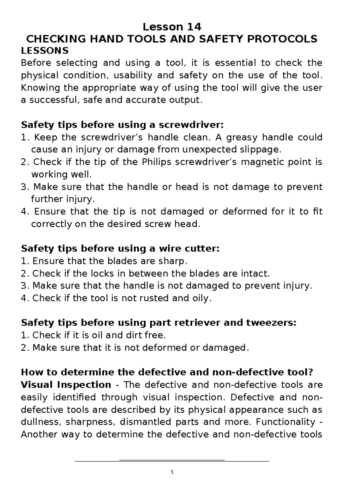 Lesson 14 - Checking Hand Tools and Safety Protocols - Lesson 14 ...