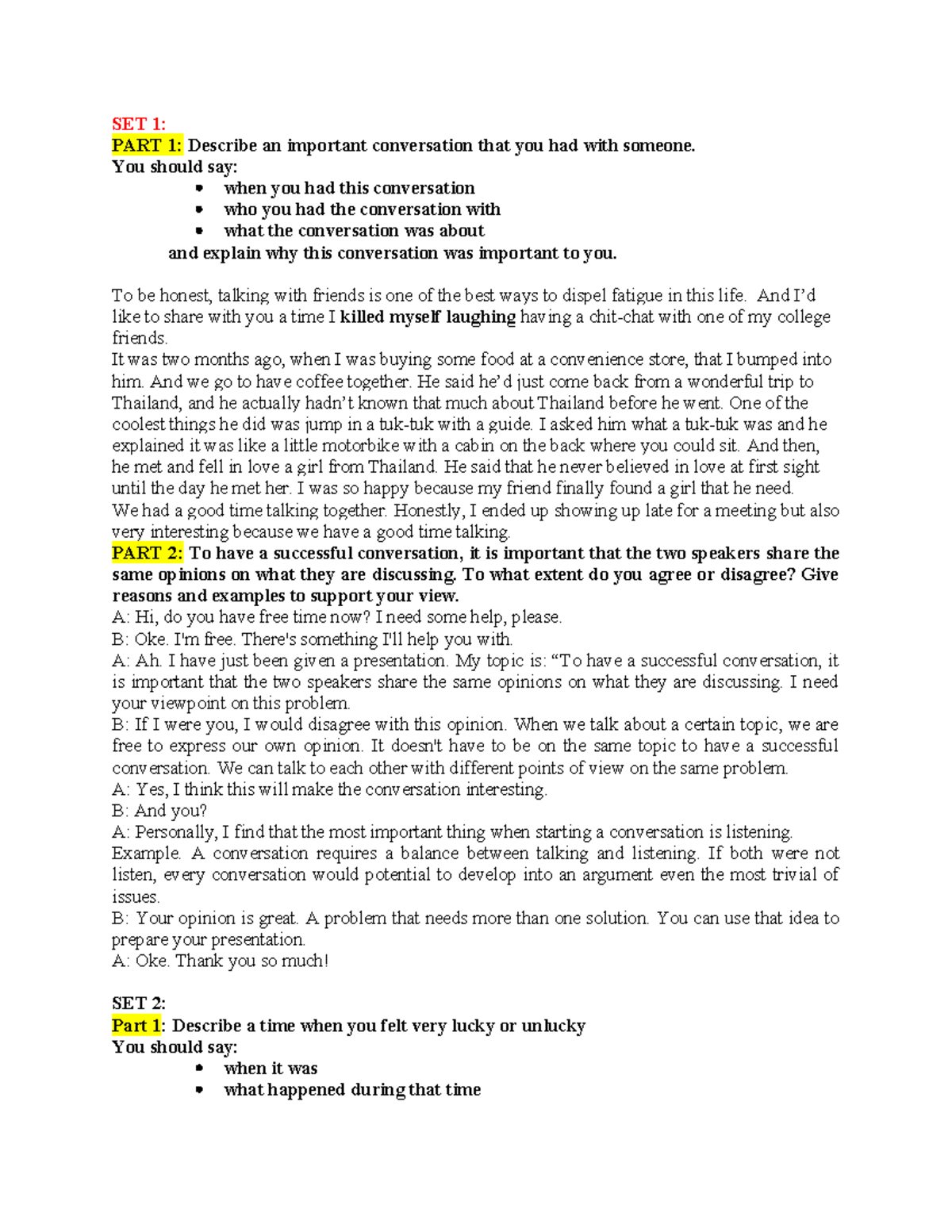 Speaking Test Preparation: Important Conversations and Insights - Studocu
