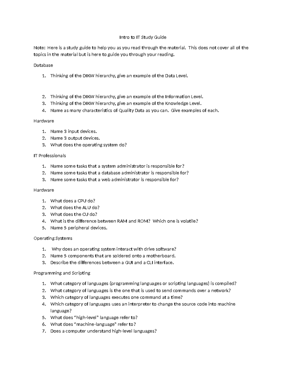 IT 101: Intro to IT Study Guide for Exam Preparation - Studocu