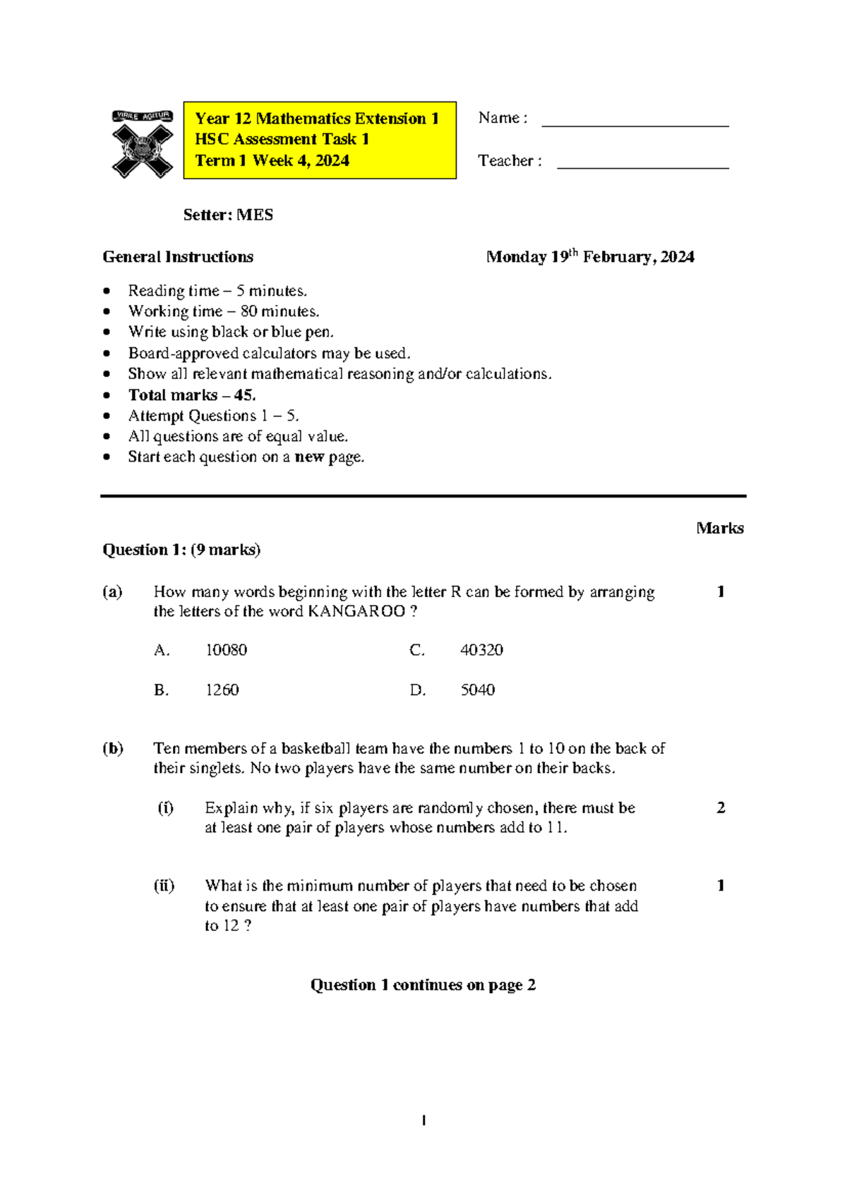 2024 Y12 Mathematics Extension 1 HSC AT1 Solutions - Studocu