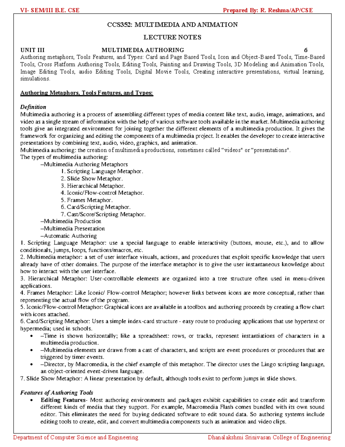 CCS352 - UNIT 3 Lecture Notes on Multimedia Authoring Tools - Studocu