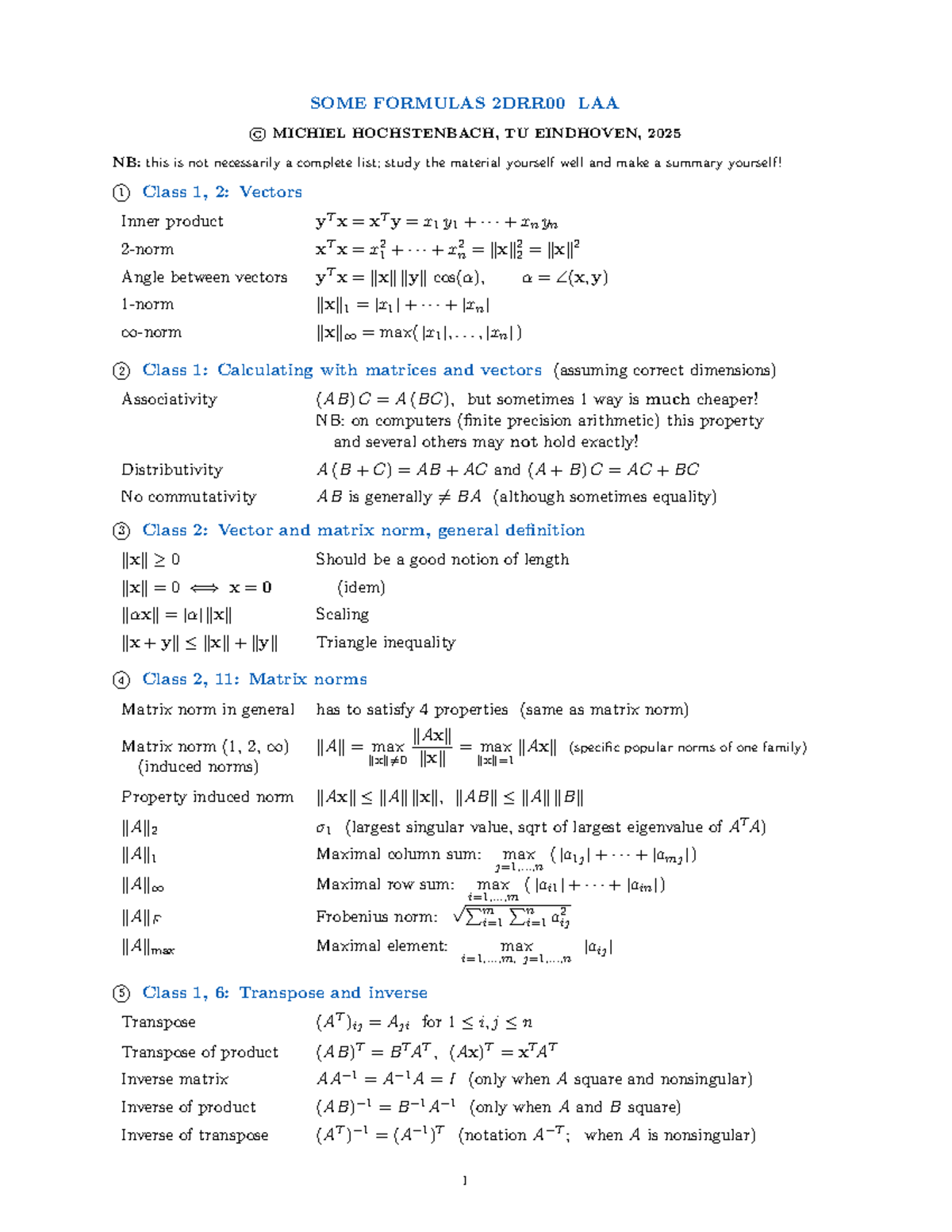 Formulas and Concepts for 2DRR00 - Lecture Notes - Studeersnel