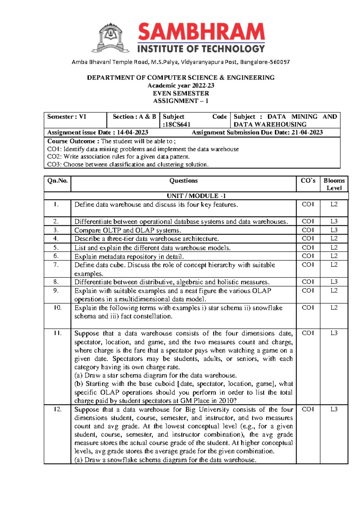 18CS Data Mining and Data Warehousing Assignment 1 - Sem VI - Studocu