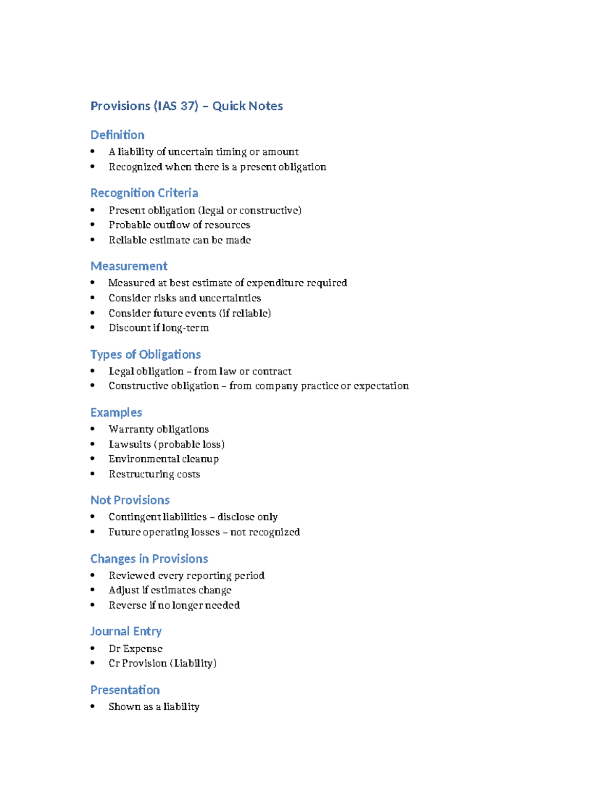 Provisions (IAS 37) Quick Notes for Understanding Liabilities - Studocu