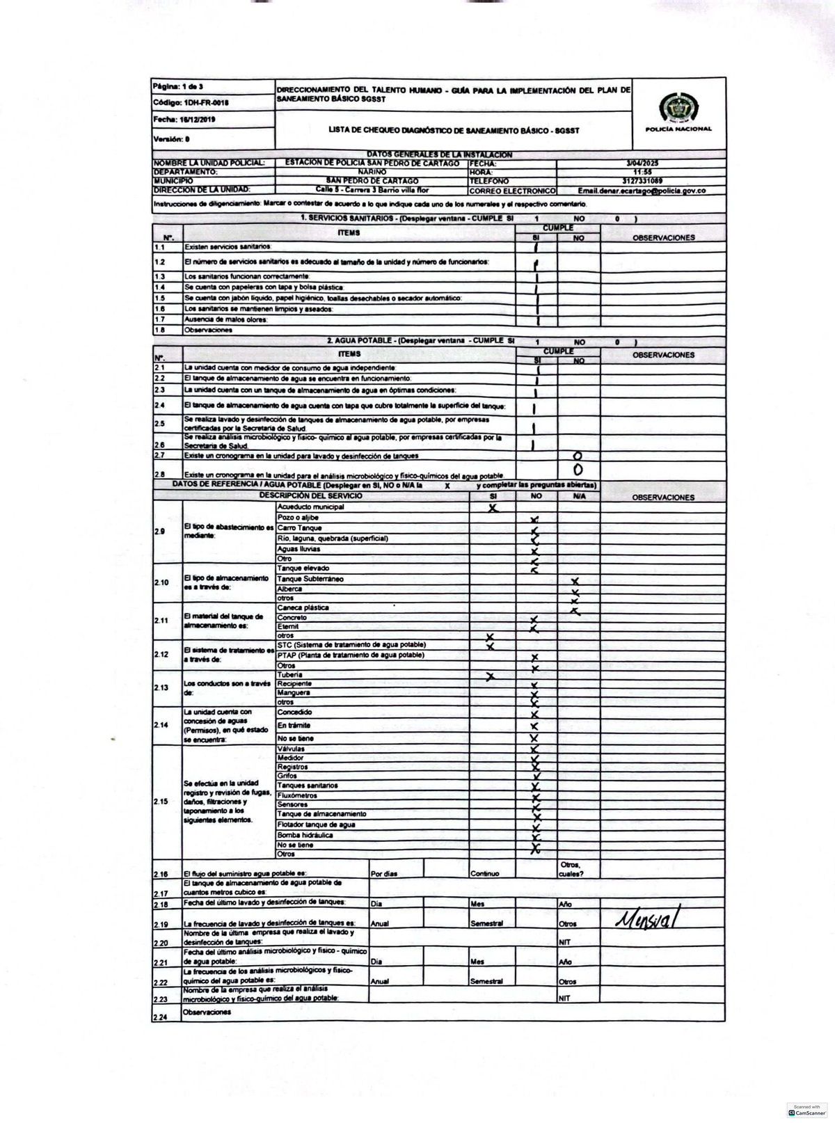 Lista de Chequeo Diagnóstico de Saneamiento Básico SGSST - Policía ...