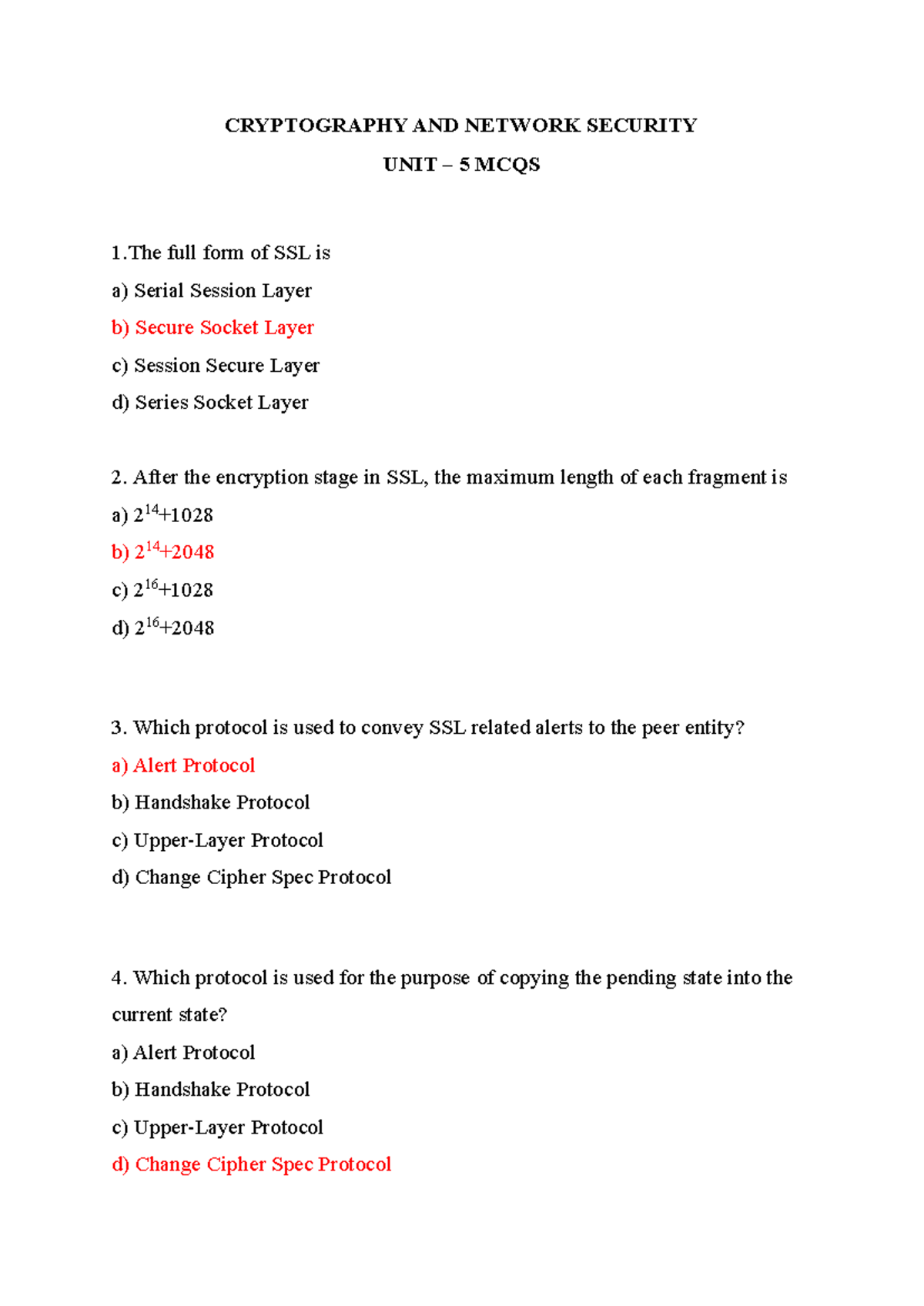 Unit 5 CNS MCQs: Cryptography & Network Security Questions - Studocu