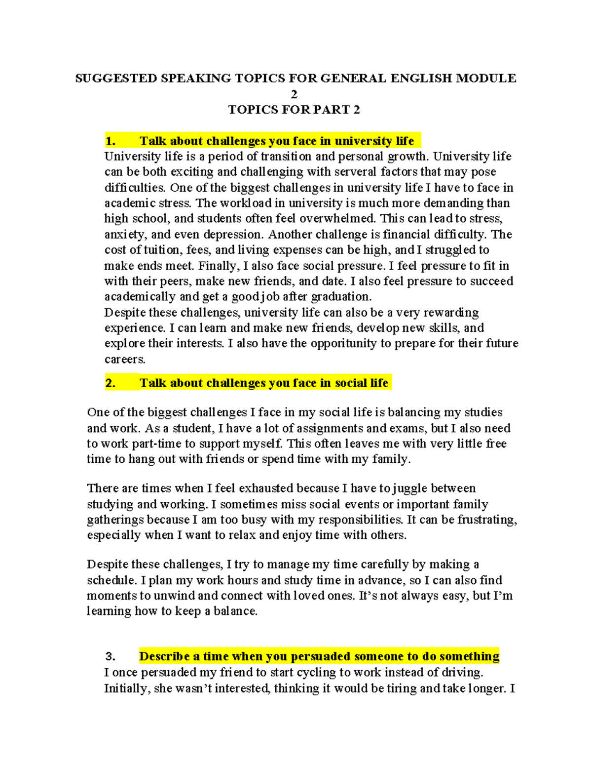 Suggested Speaking Topics for General English Module 2 - Studocu