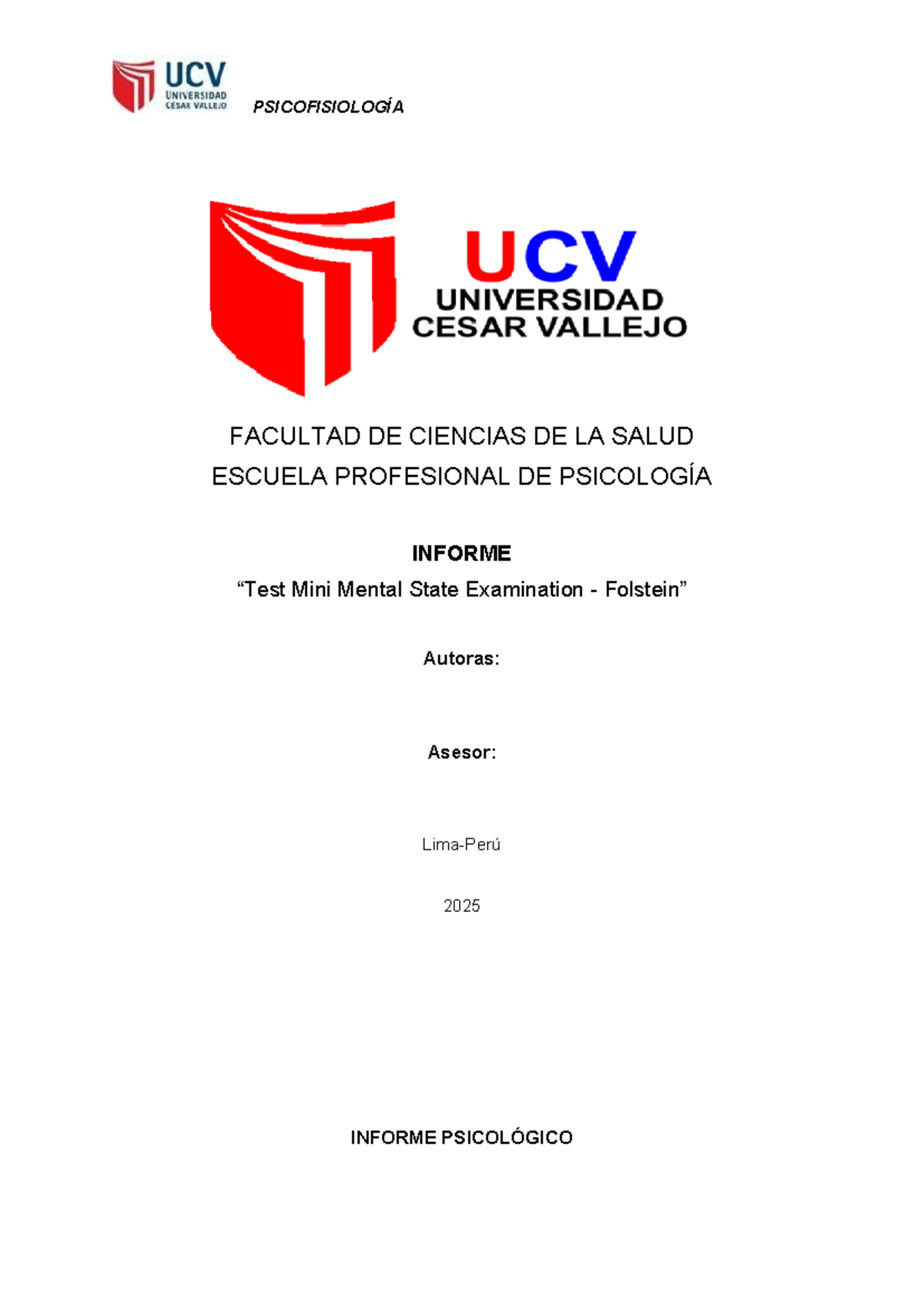 Informe del Mini Mental State Examination - PSICOFISIOLOGÍA I - Studocu