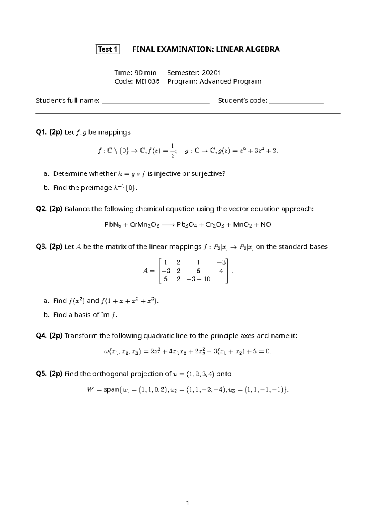 MI1036 Linear Algebra Final Exam Review Notes - Studocu