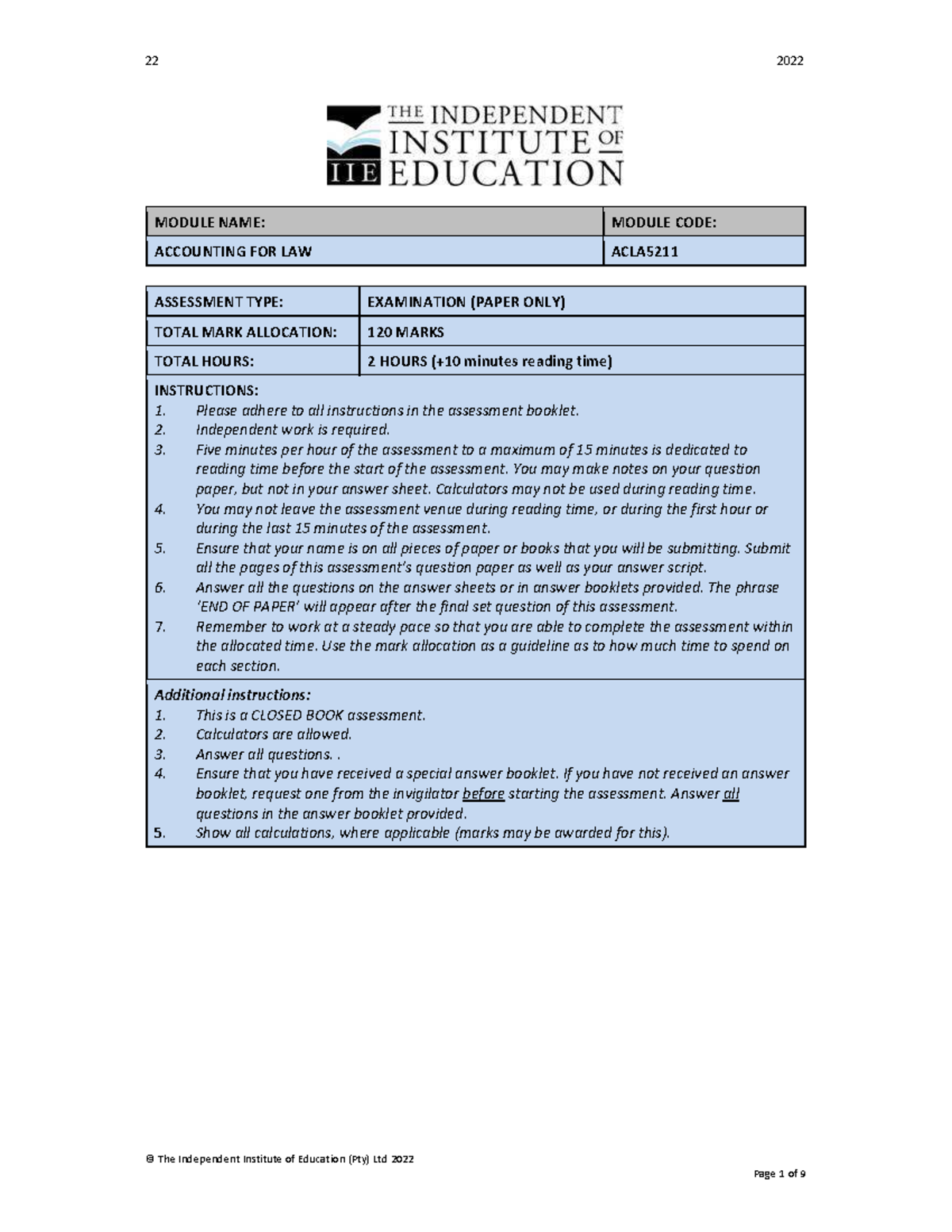 ACLA5211 - Accounting for Law Final Exam Guidelines and Questions - Studocu