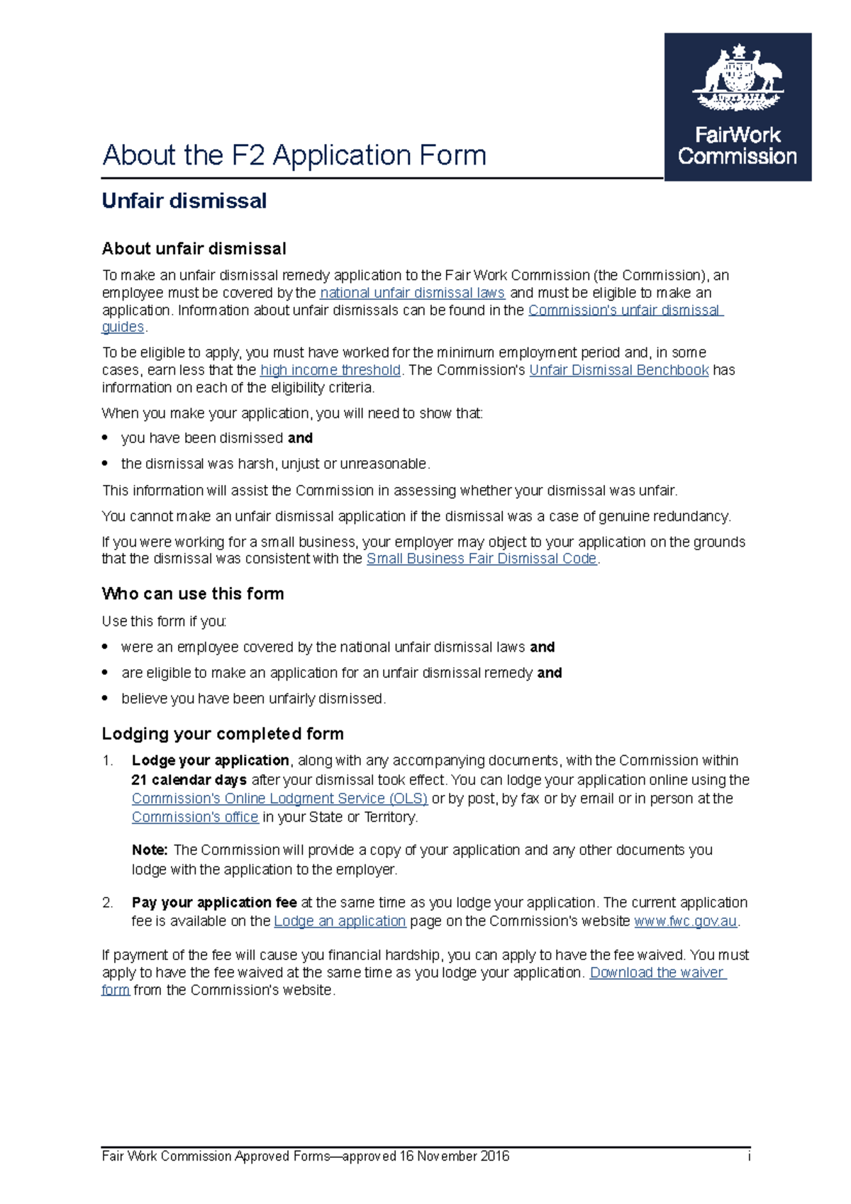 FW form f2 Wrongful Dismissal - About the F2 Application Form Unfair ...