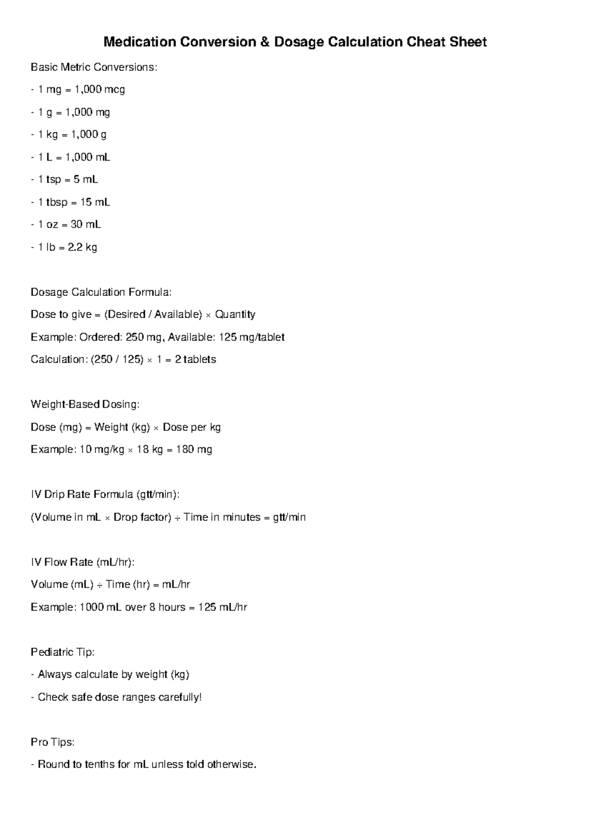 Med Dosage Calculation Cheat Sheet: Basic Metric Conversions & Tips ...