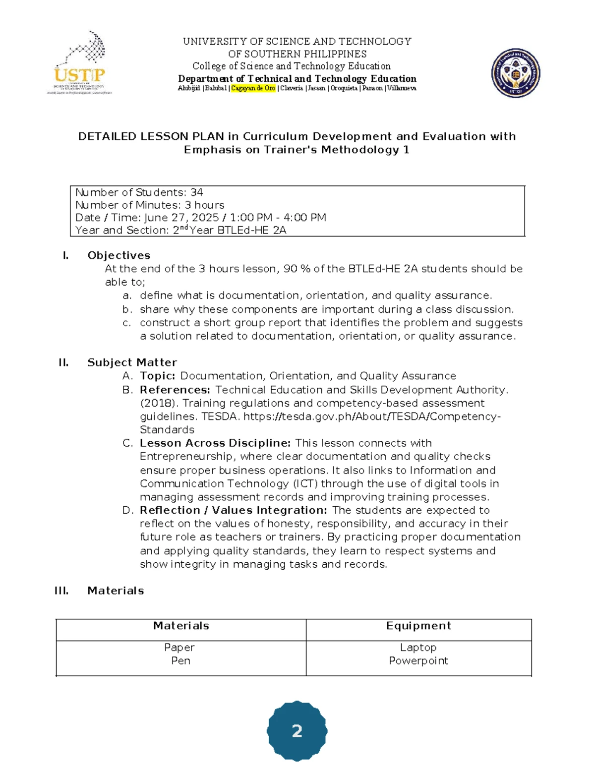 Edu 321 Detailed Lesson Plan on Documentation & Quality Assurance - Studocu
