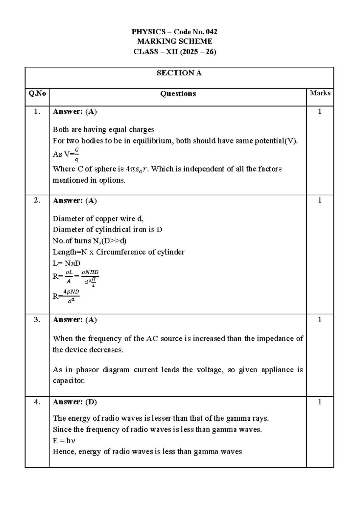 PHYSICS Code No. 042 MARKING SCHEME CLASS XII (2025-26) - PRACTICE ...