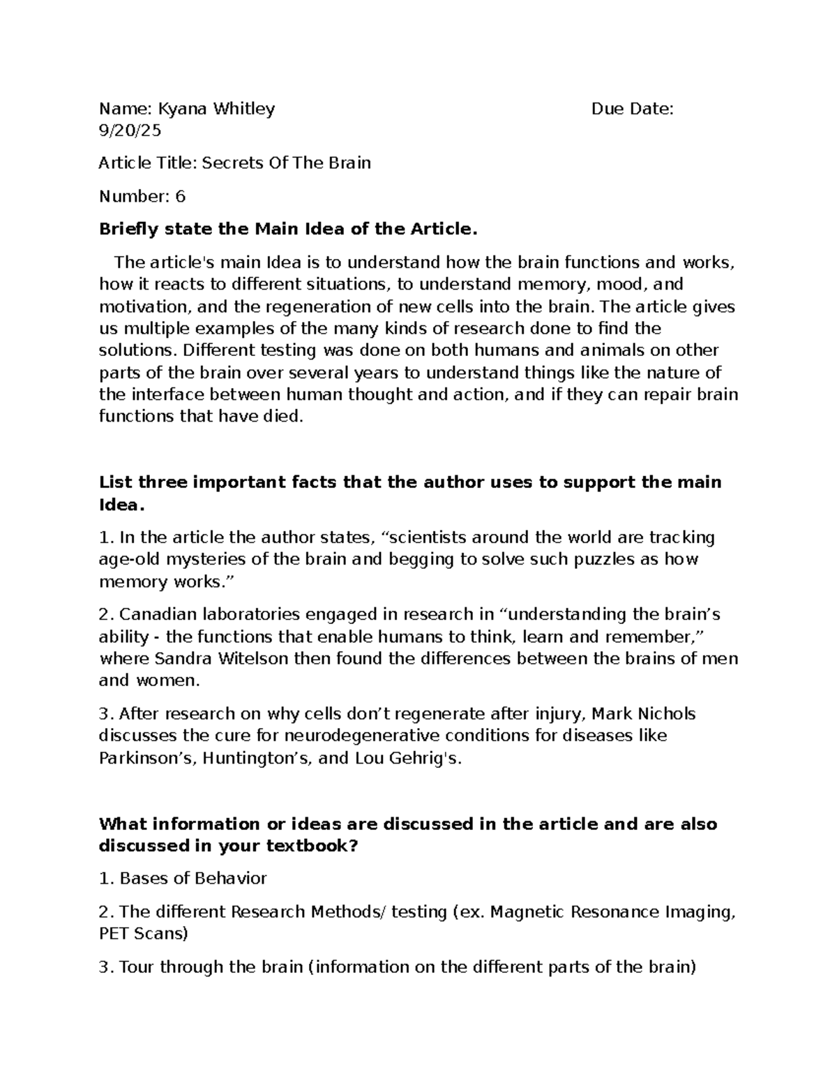 PSY 101: Article Summary on Secrets of the Brain and Its Functions ...