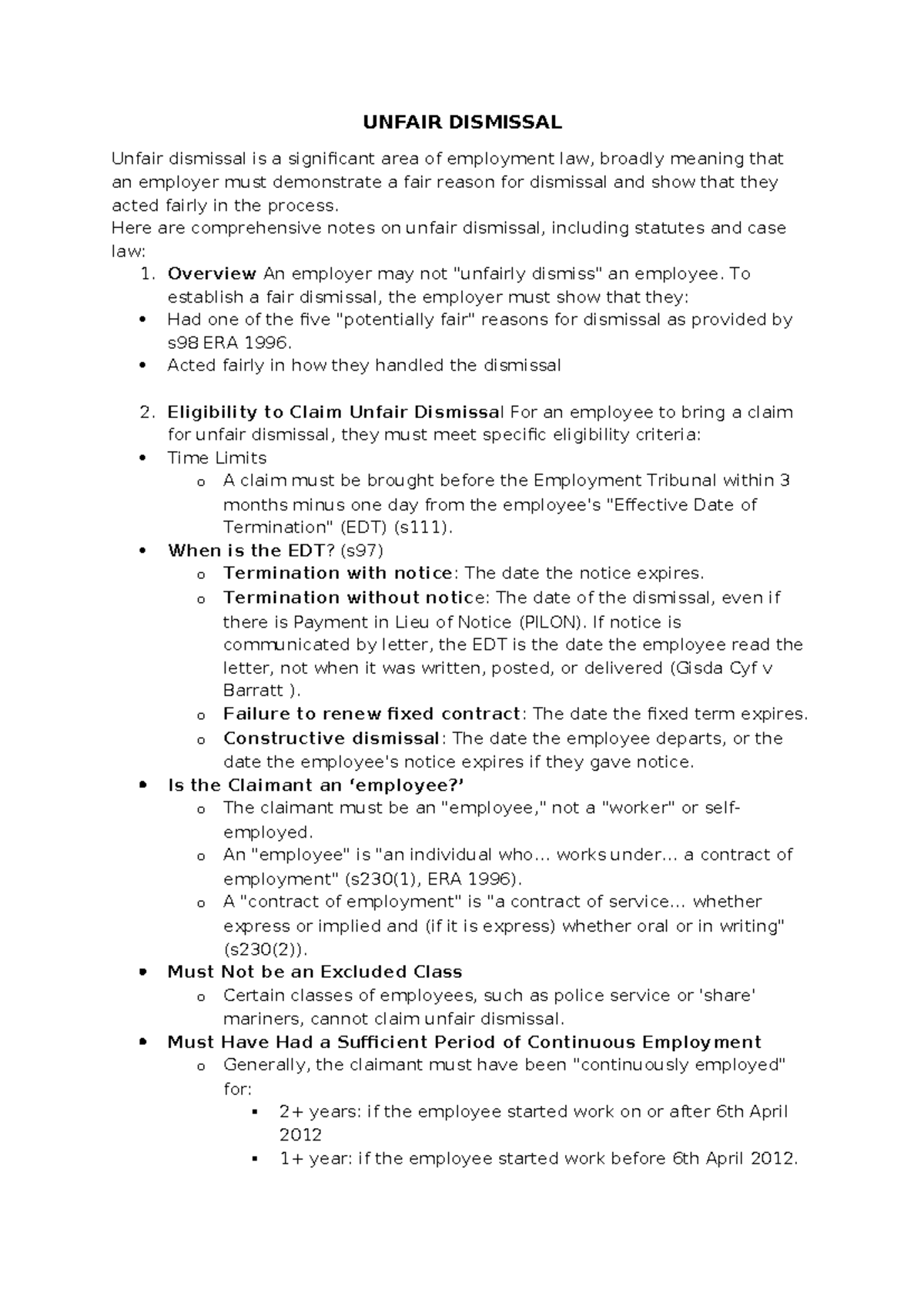 Employment Law 3 - Unfair Dismissal Comprehensive Notes - Studocu