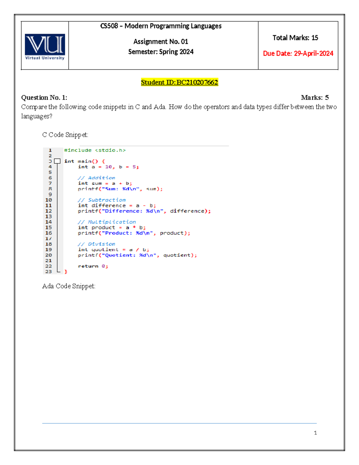Spring 2024 CS508 - good - Assignment No. 01 Semester: Spring 2024 ...