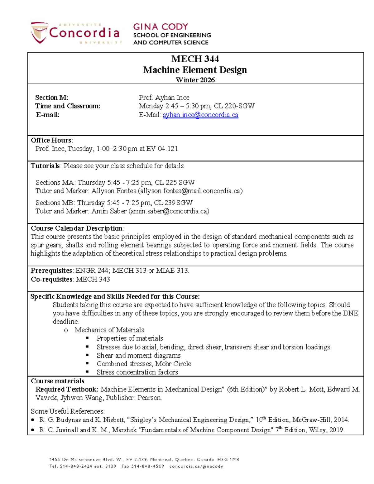 MECH 344 Machine Element Design Course Outline Winter 2026 - Studocu
