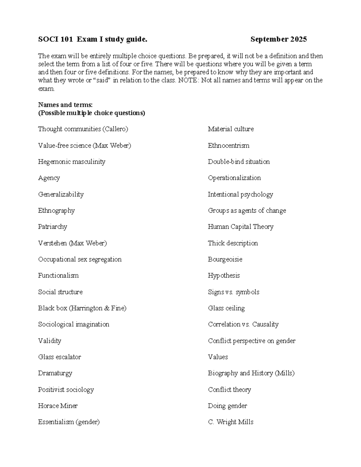 SOCI 101 Exam I Study Guide: Key Terms & Concepts for Success - Studocu