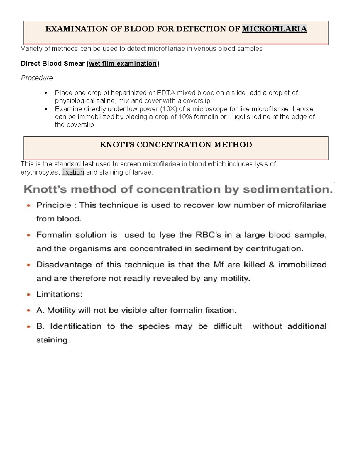 Knotts Method: Detection of Microfilariae in Blood Samples - Studocu