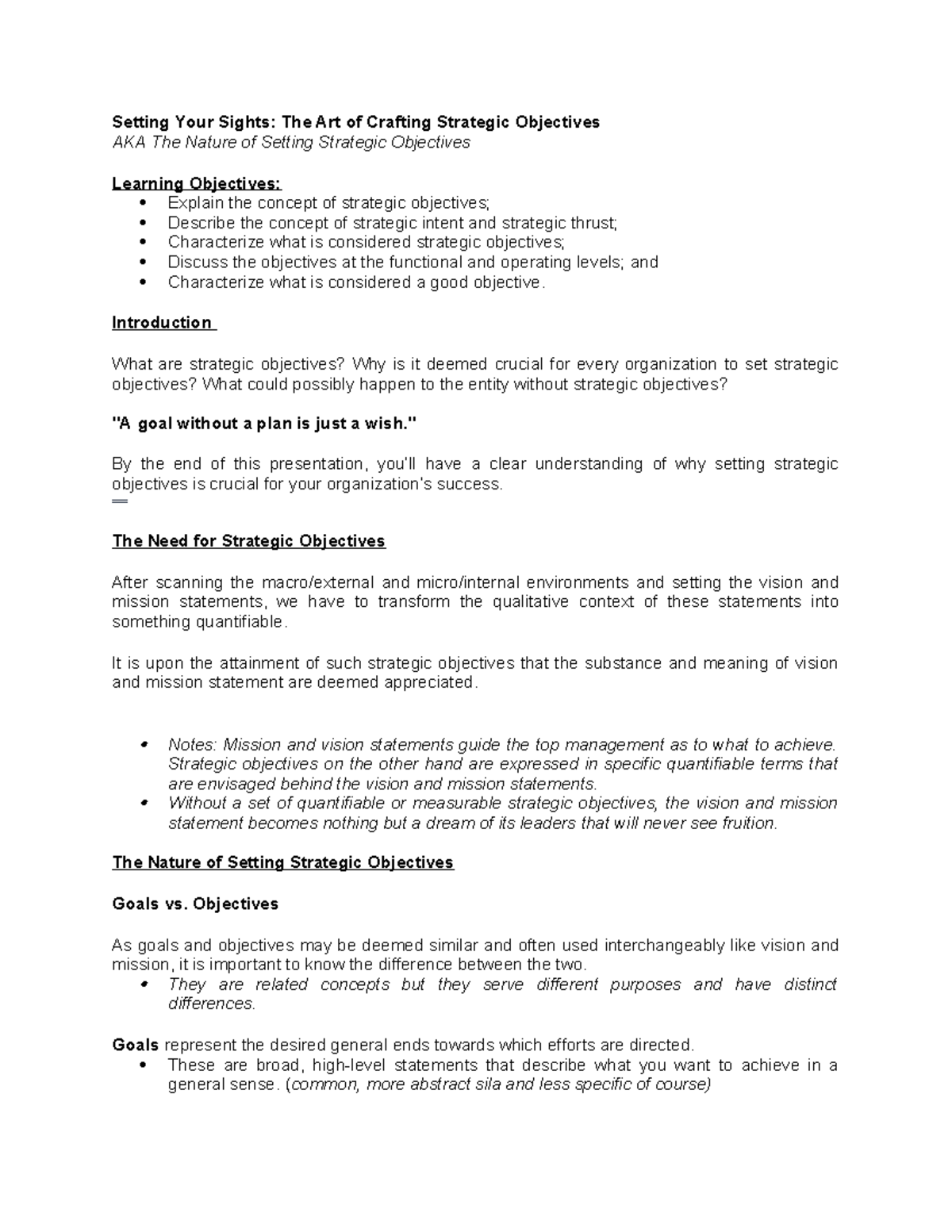 STRATEGIC MANAGEMENT 101: Crafting Effective Strategic Objectives - Studocu
