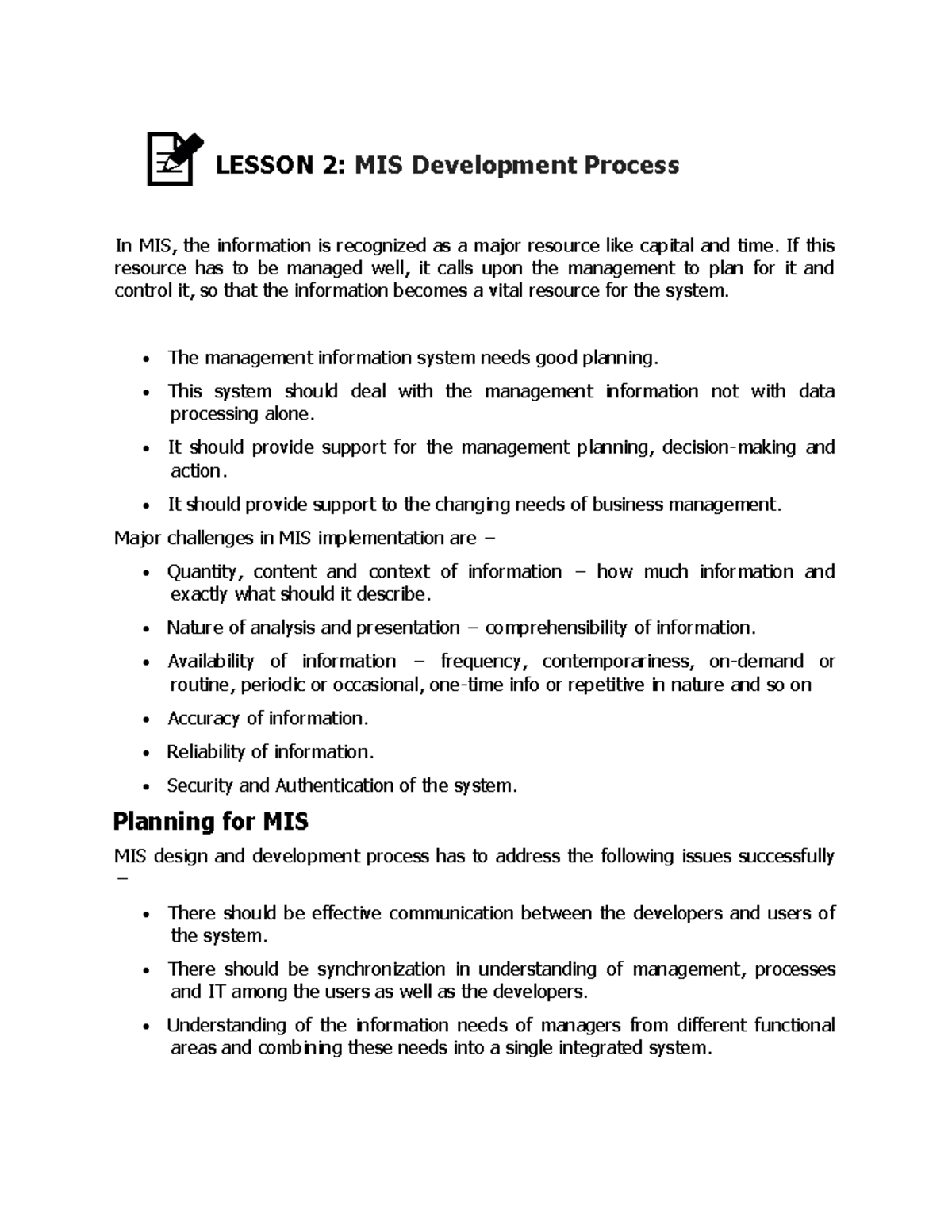 MIS Development Process - Module 2 - Lesson 2 Overview - Studocu