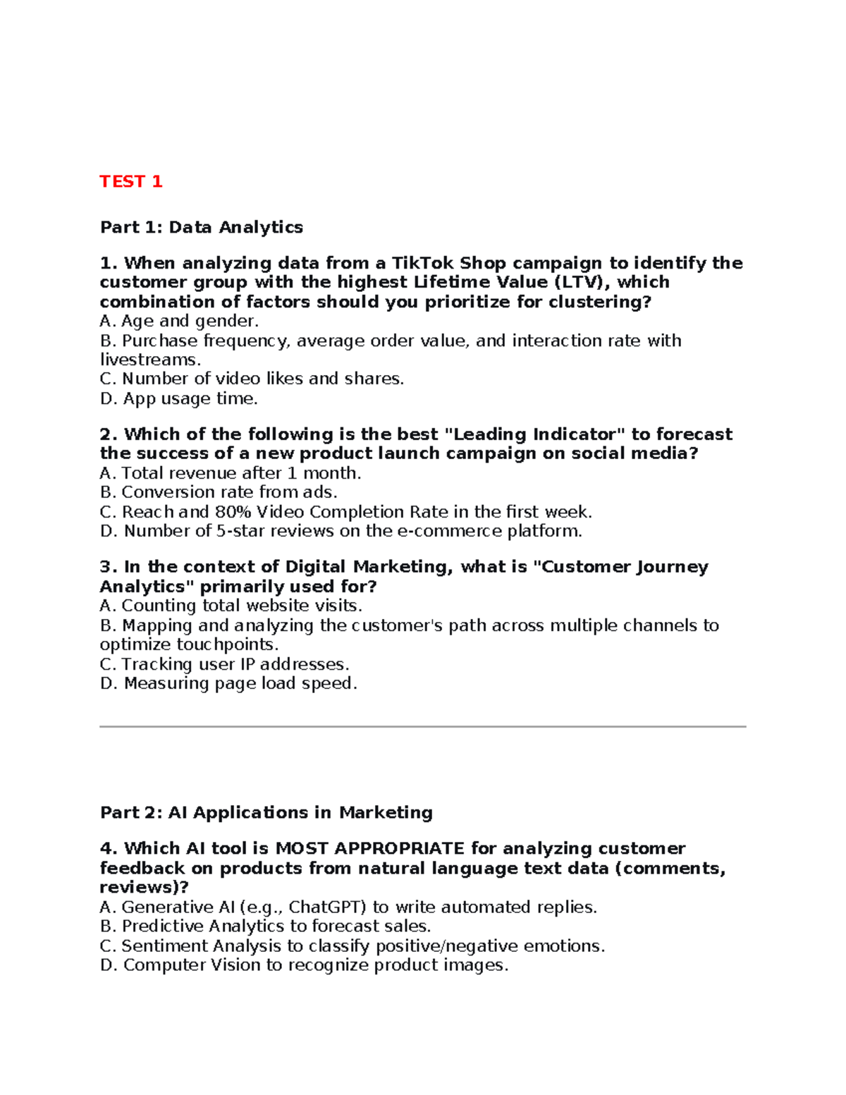 TEST 1 Part 1: Data Analytics 1 & AI Applications in Marketing - Studocu