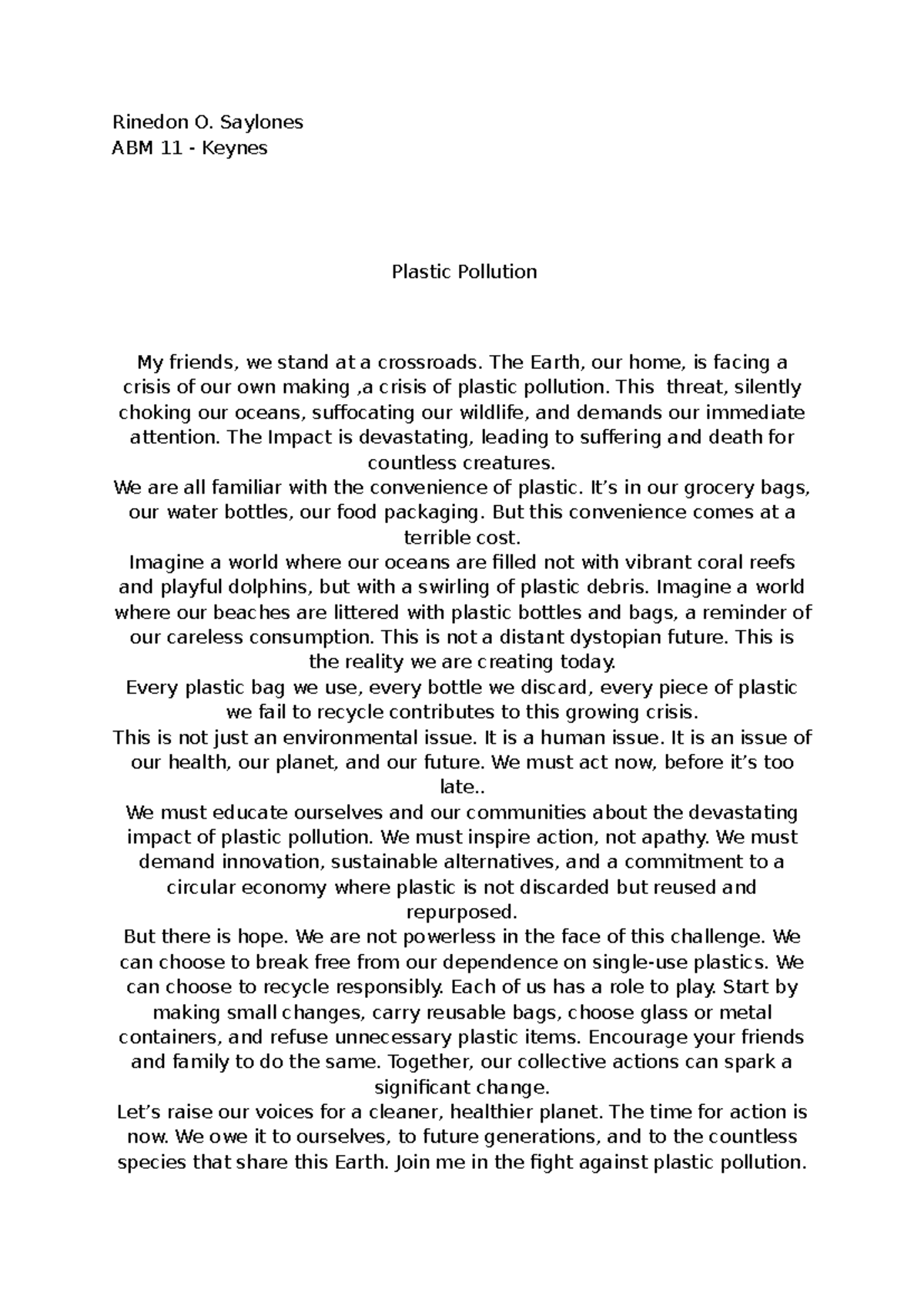 ABM 11 - Essay on Plastic Pollution and Its Impact on Our Planet - Studocu