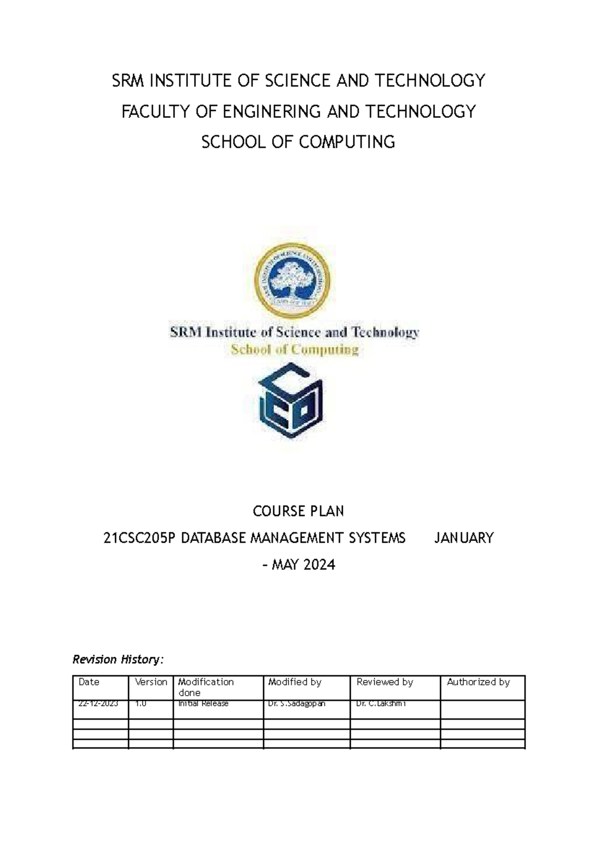 Dbms total course plan - resource - SRM INSTITUTE OF SCIENCE AND ...