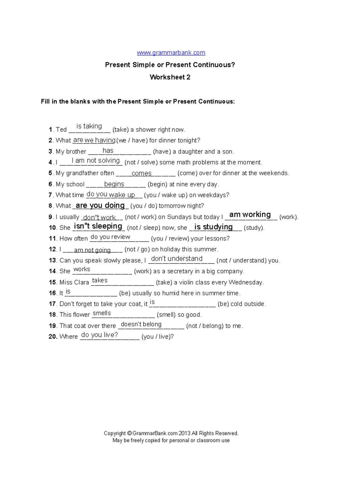 Ejercicios de Presente Simple y Continuo - Worksheet 2 - Studocu