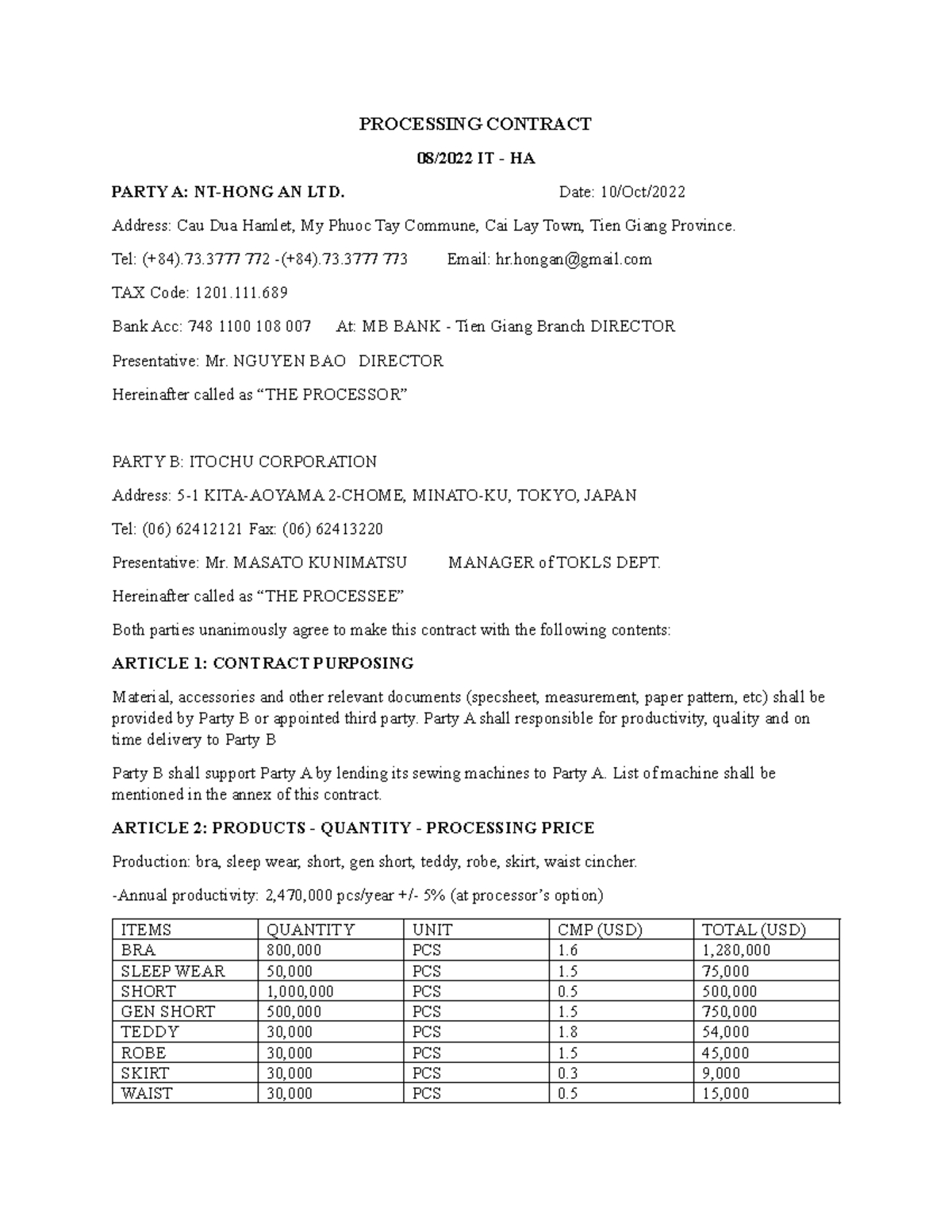 Contract Agreement for Processing Materials: Party A & Party B - Studocu