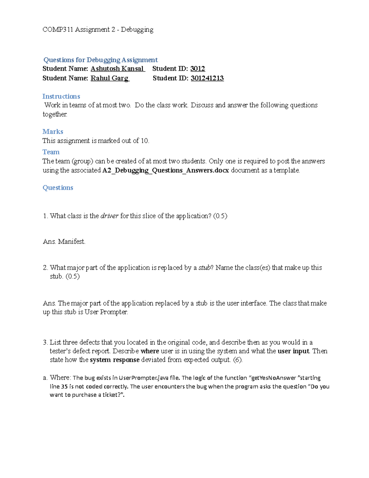 COMP311 A2 - Debugging Assignment Questions & Answers - Studocu
