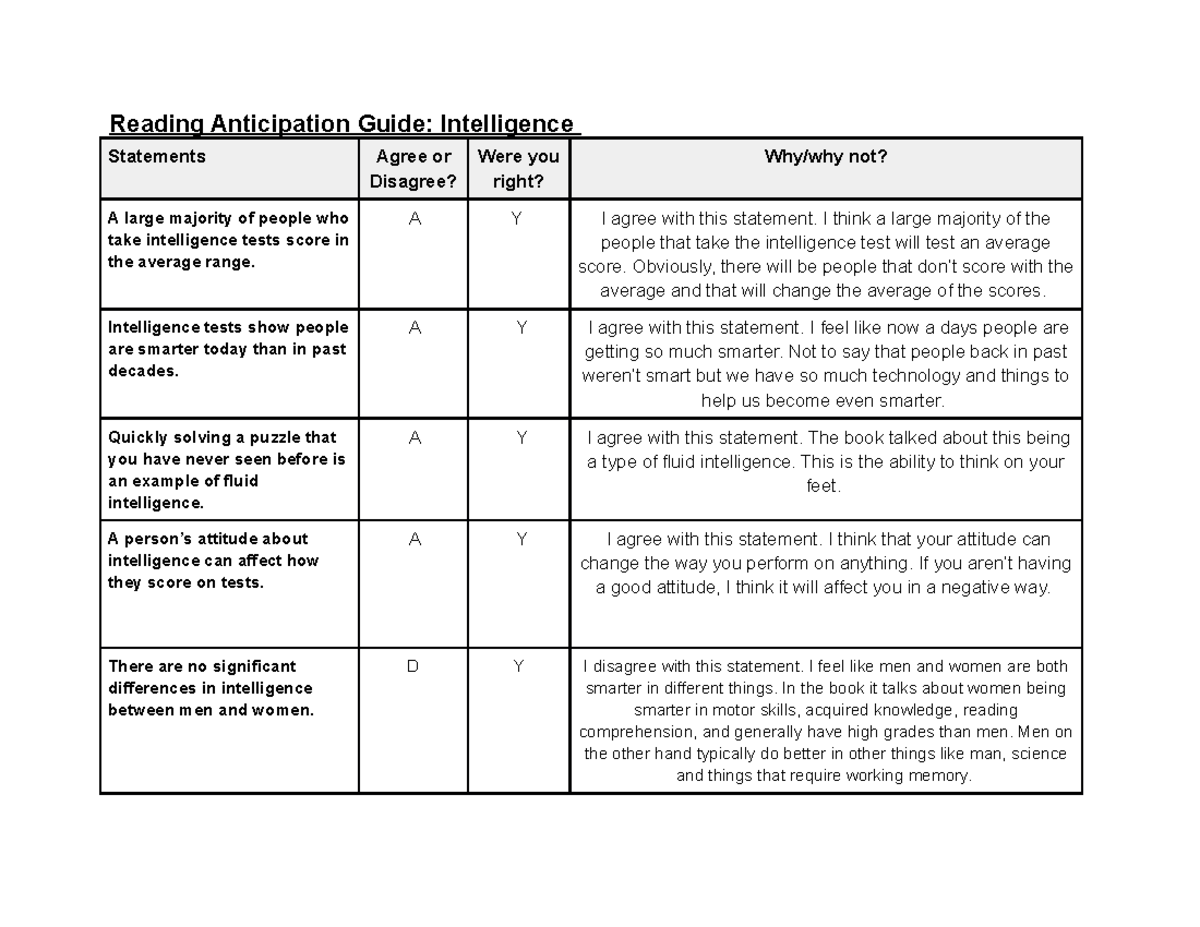 RA Guide - Intelligence-1-1 - Reading Anticipation Guide: Intelligence ...