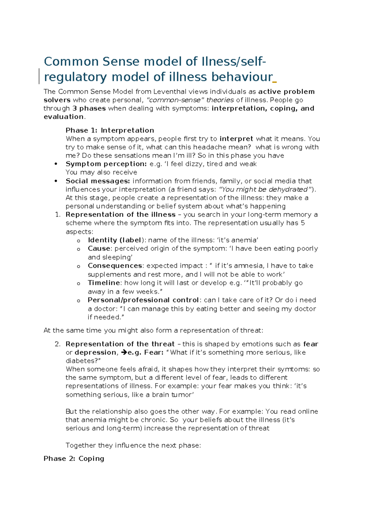 Common Sense Model of Illness Behavior: Phases of Interpretation ...