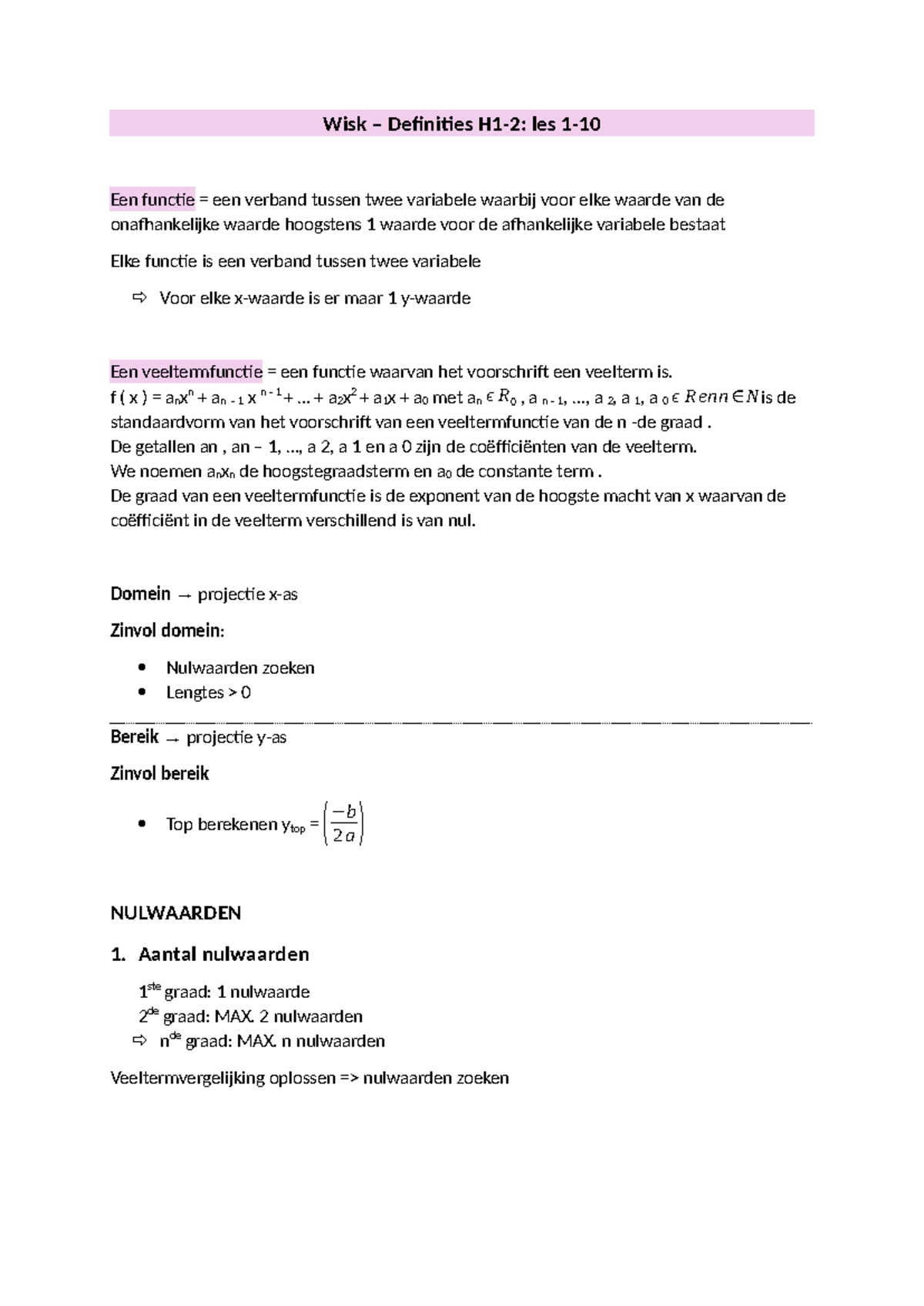 Wiskunde Definities Les 1-10: Functies en Veeltermfuncties - Studocu