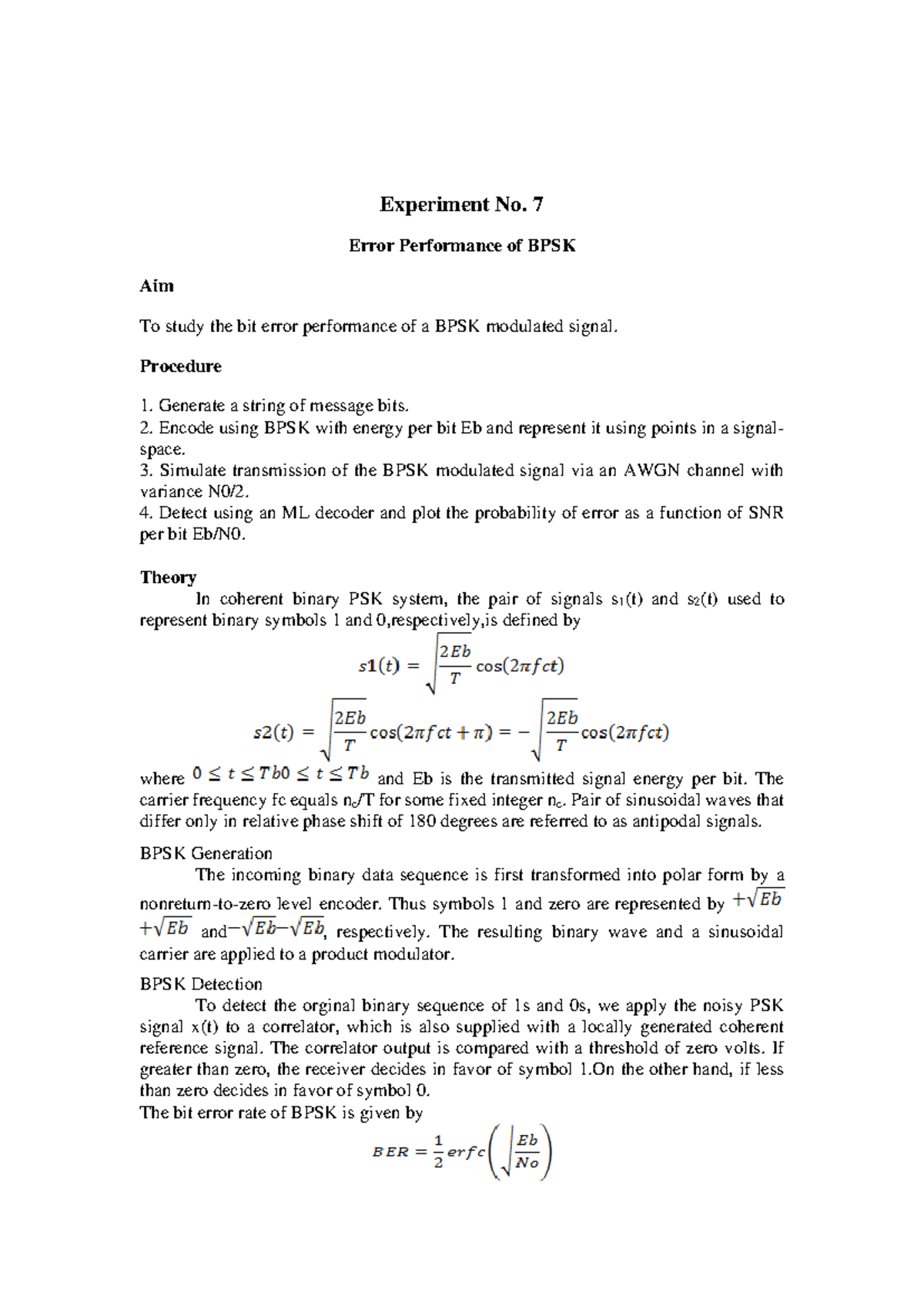 Experiment 7: Error Performance Analysis of BPSK in Matlab - Studocu