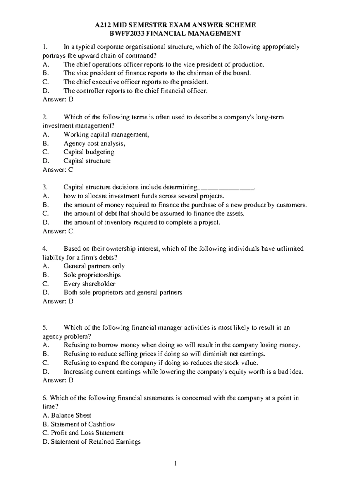 BWFF2033 FINANCIAL MANAGEMENT MIDTERM TEST QUESTIONS - Studocu