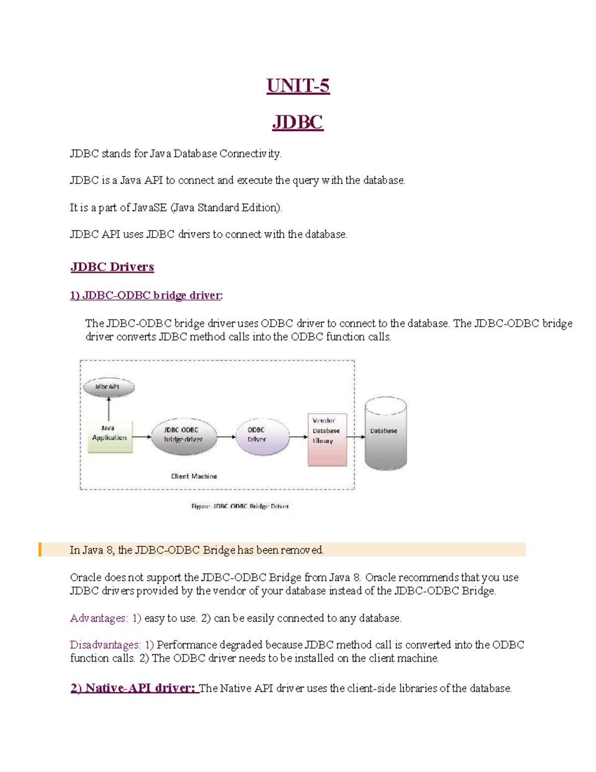 Java UNIT-5 Lecture Notes - UNIT- JDBC JDBC stands for Java Database ...