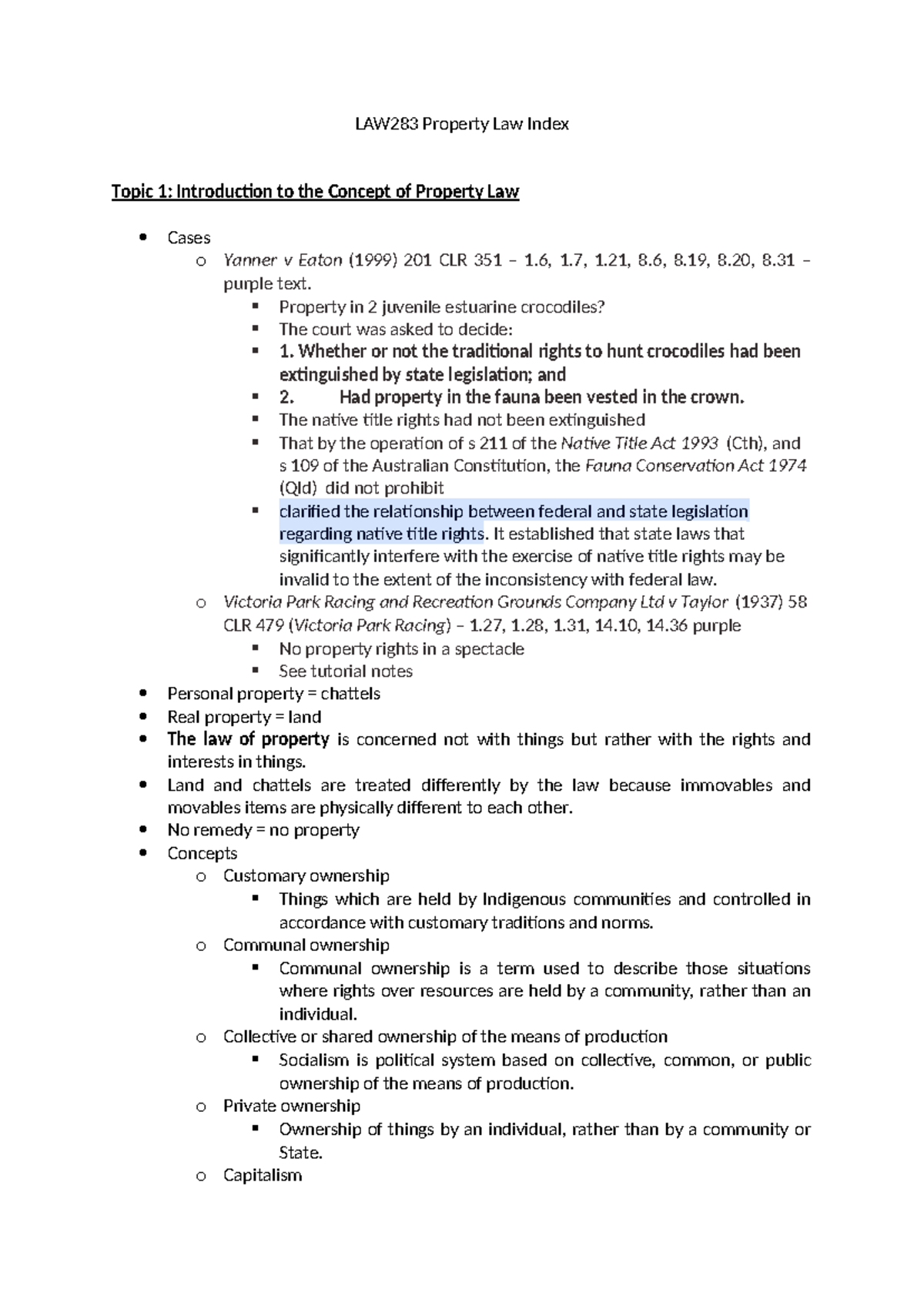 LAW283 Property Law Final Exam Notes and Case Summaries - Studocu