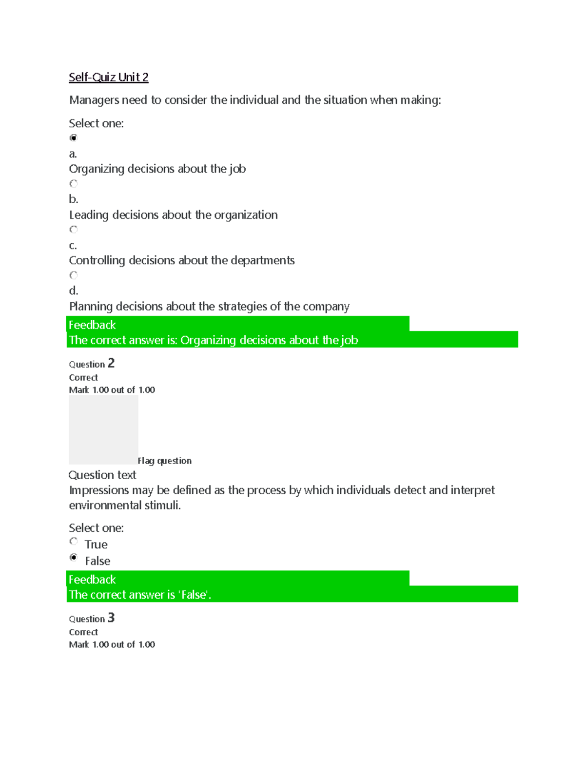 BUS 1101 Self quiz unit 2 - Unit 2 Managers need to consider the ...